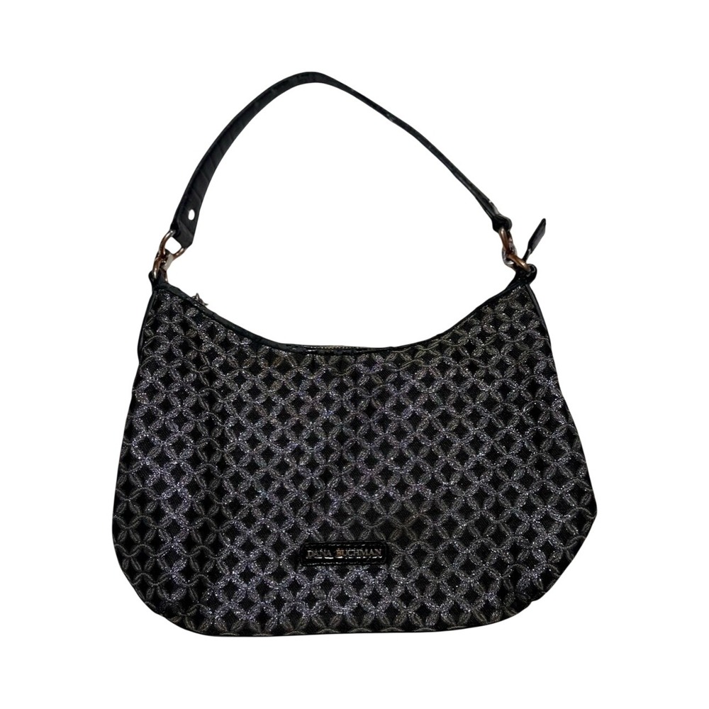 Dana Buchman Vintage Y2K Metallic Silver Black Geometric Shoulder Bag Small Hobo